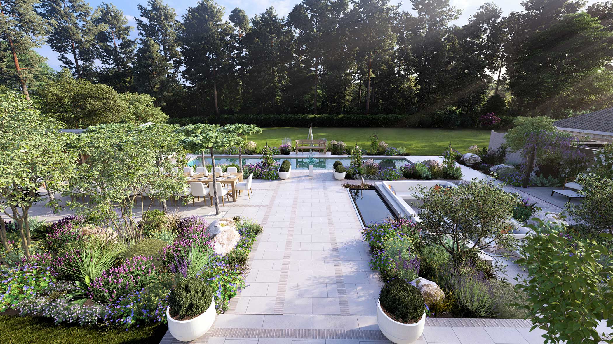 Wide view of landscaped area showing hard landscaping and planting