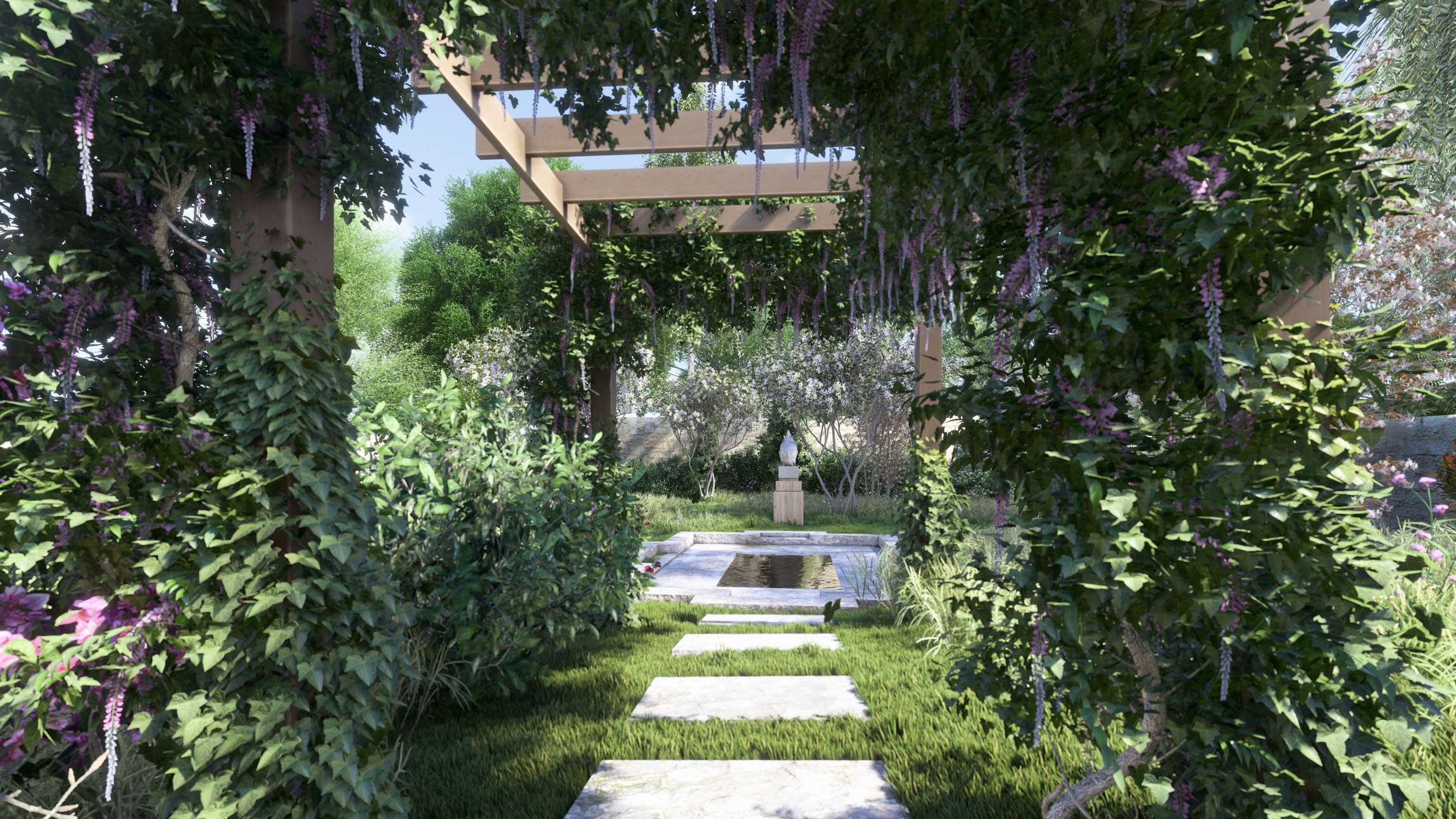 Cotswolds Garden view of pergola - Tim Miller Design