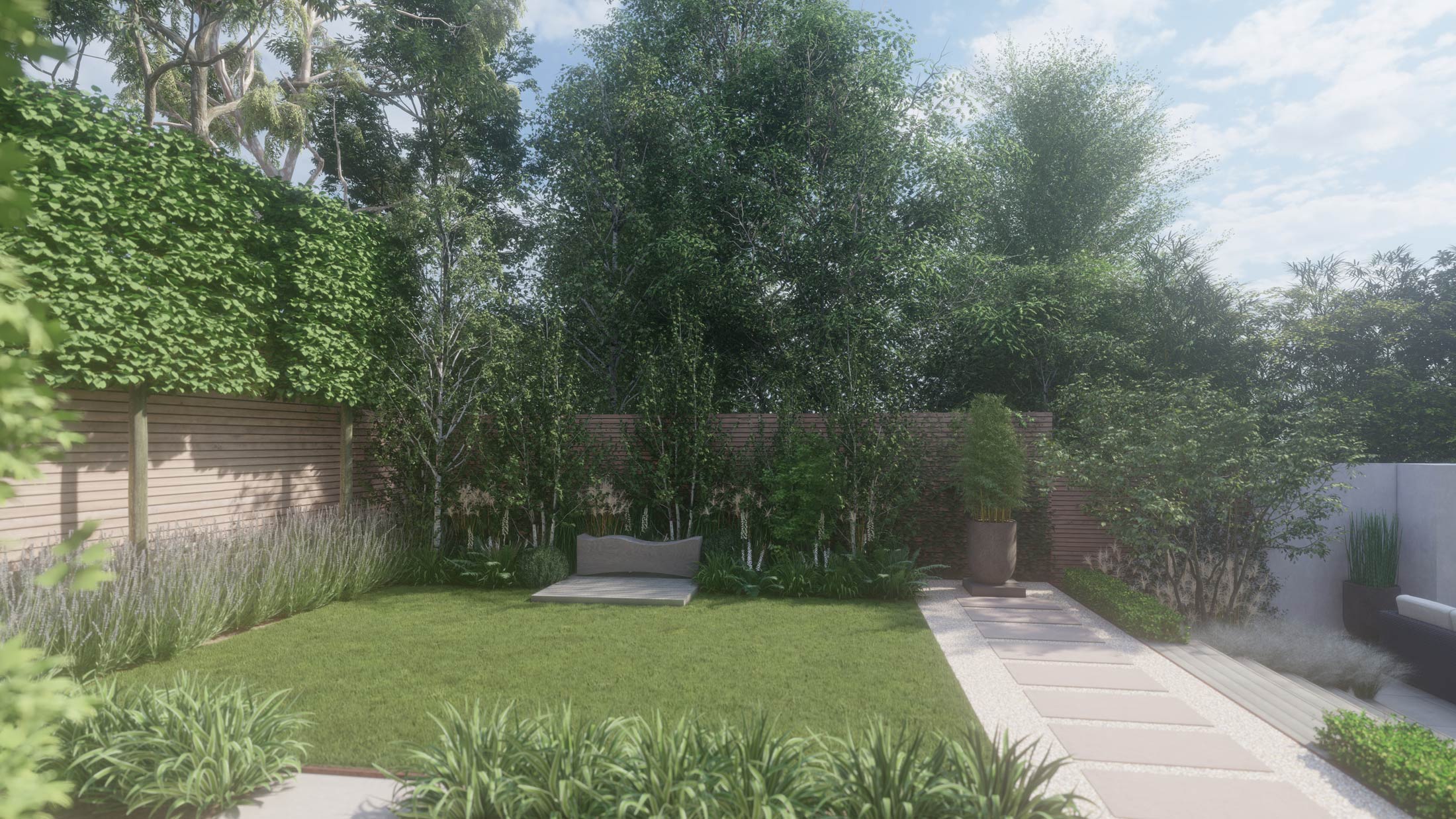 CGI view of Esher garden lawn and terrace designed by Tim Miller Design.