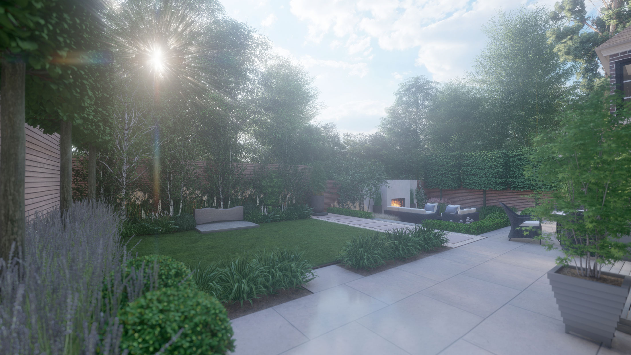 CGI view of Esher Garden lawn and terrace designed by Tim Miller