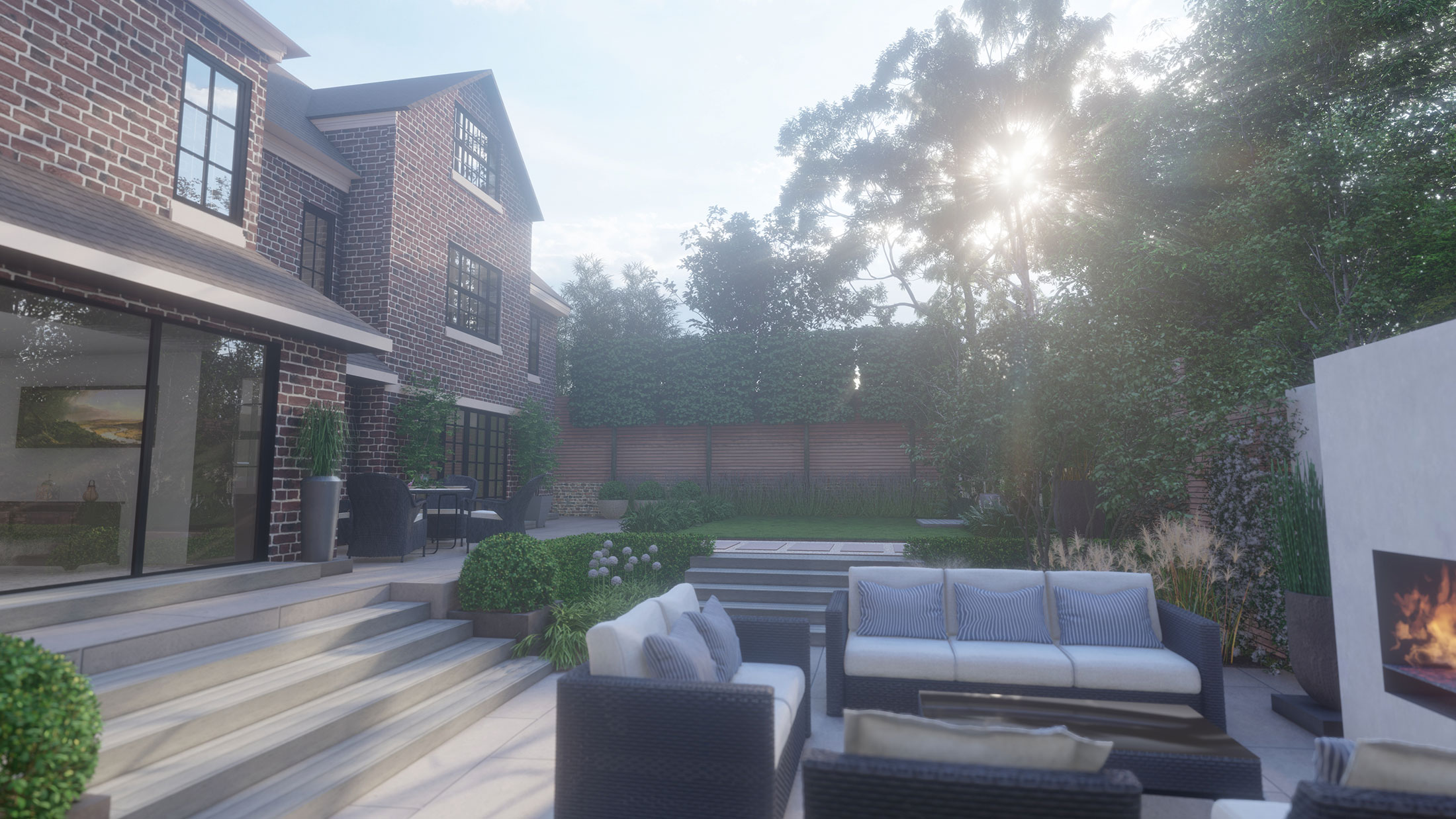 CGI view of Esher Garden lawn and terrace designed by Tim Miller