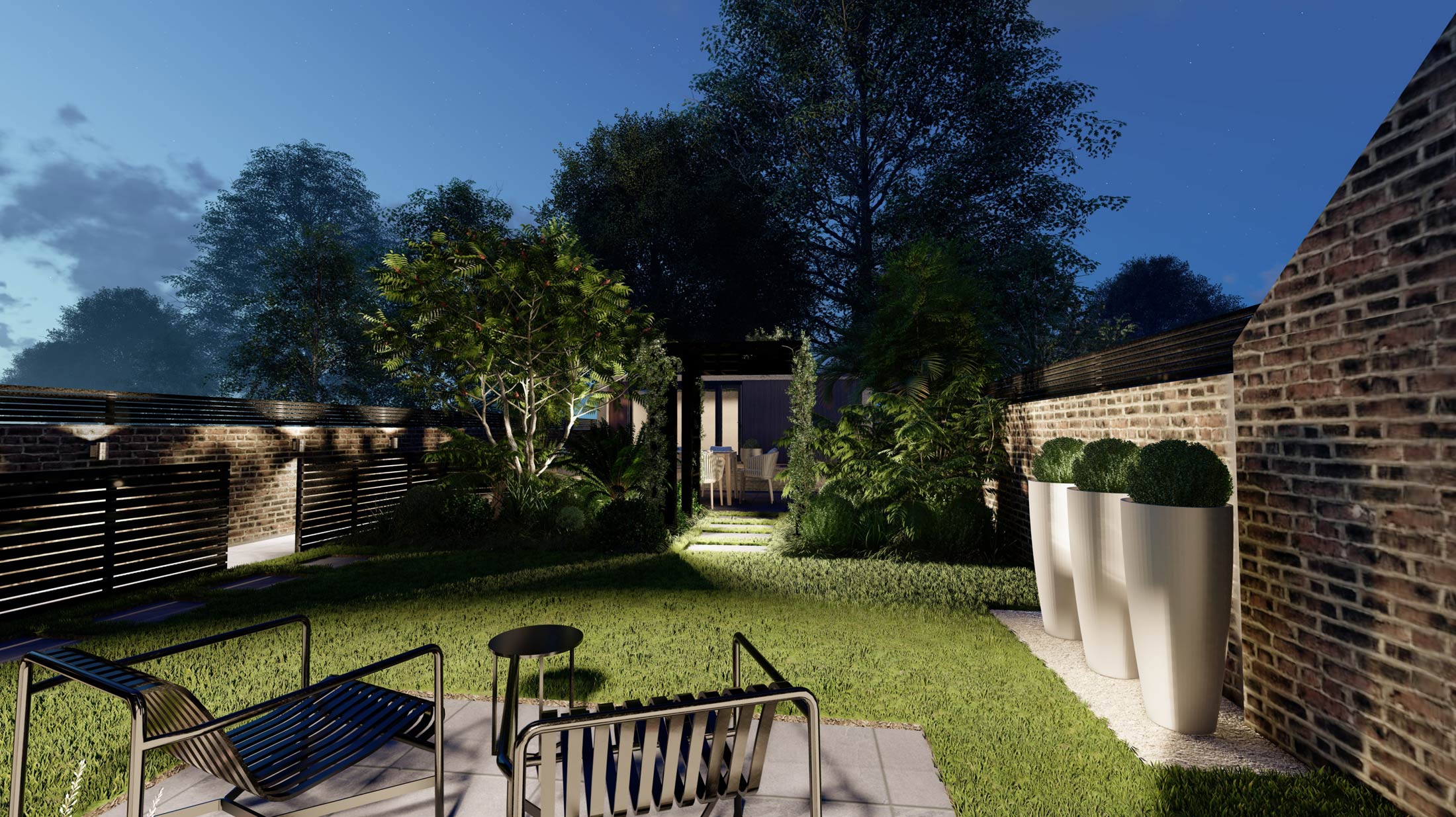 Garden design by Tim Miller - night time view